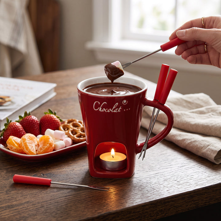 Ceramic Fondue Cup with Candle Warmer and Stainless Steel Fork