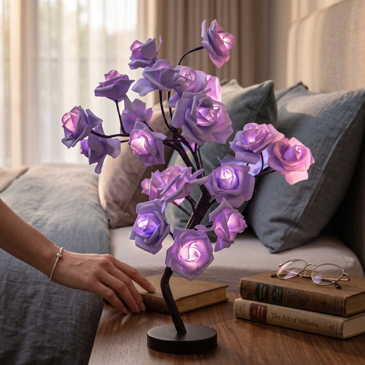Rose Shaped Table Lamp with LED Warm Glow and Metal Stem, Four colour Options