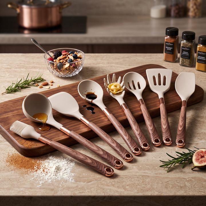 Silicone Kitchen Utensil Set with Wooden Handles and Copper Accents, 10-Piece