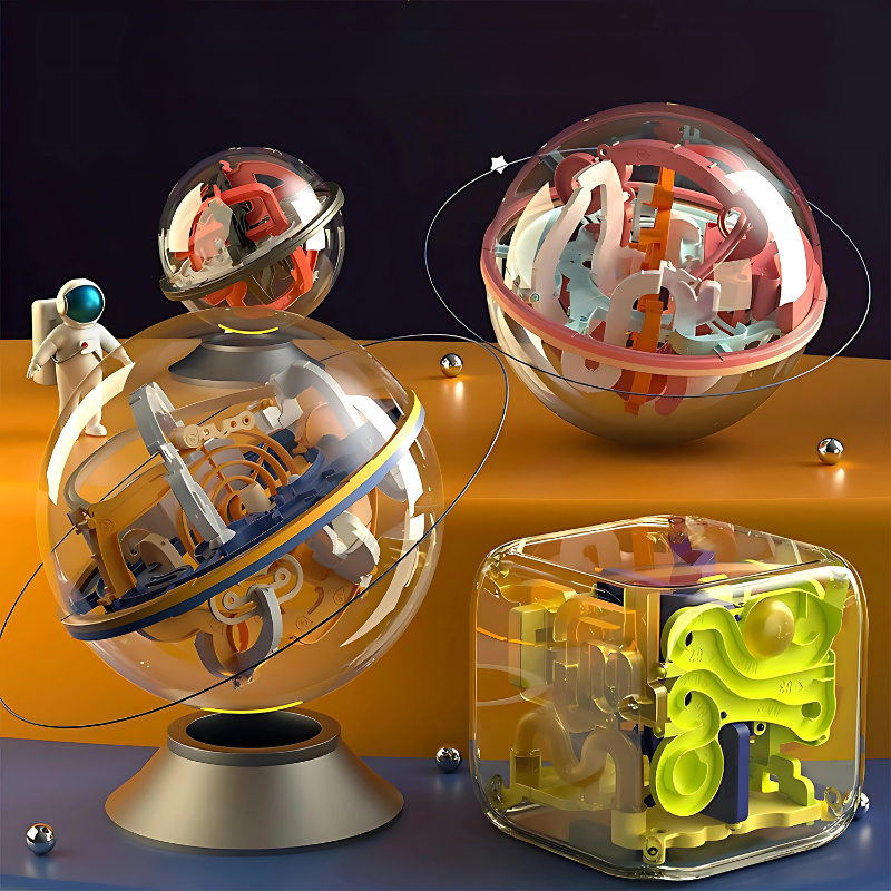 3D Spherical Maze Puzzle with Numbered Pathways and Four Difficulty Levels