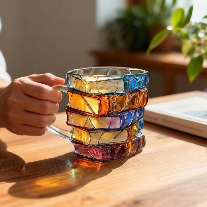 Book Stack Glass Mug with colourful Translucent Panels and Fused Handle
