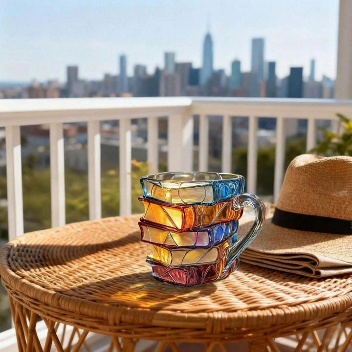 Book Stack Glass Mug with colourful Translucent Panels and Fused Handle