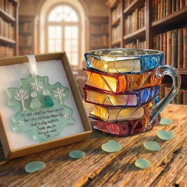 Book Stack Glass Mug with colourful Translucent Panels and Fused Handle