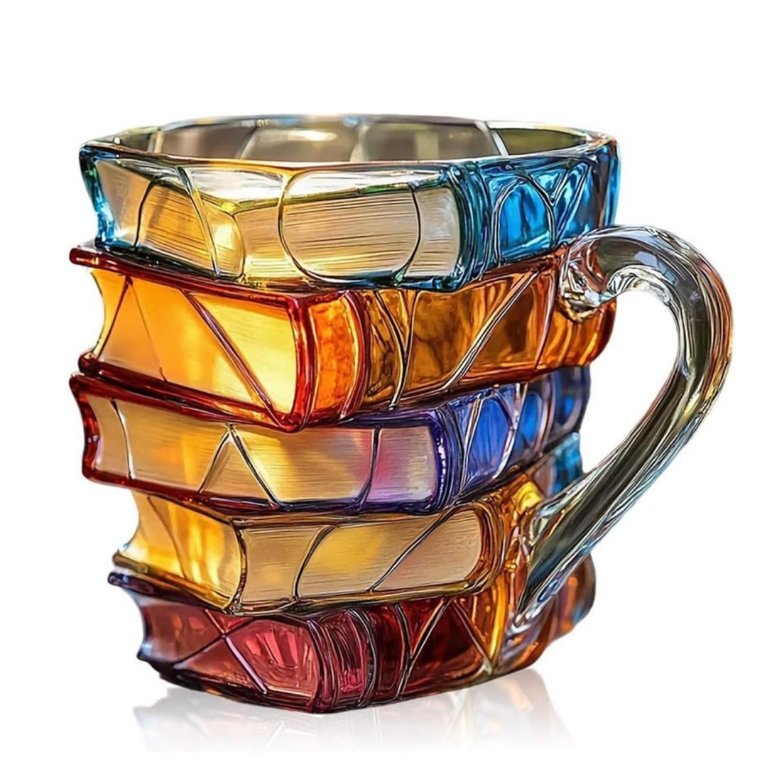 Book Stack Glass Mug with colourful Translucent Panels and Fused Handle