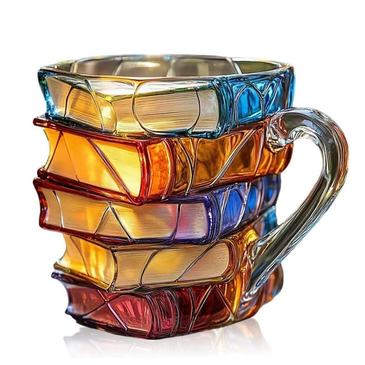 Book Stack Glass Mug with colourful Translucent Panels and Fused Handle