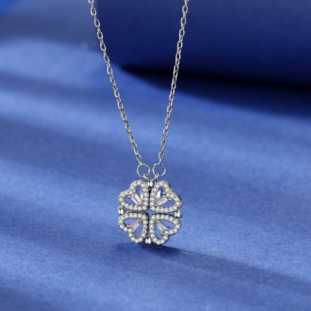 Four Heart Clover Pendant Necklace with Adjustable Chain and Gift Box