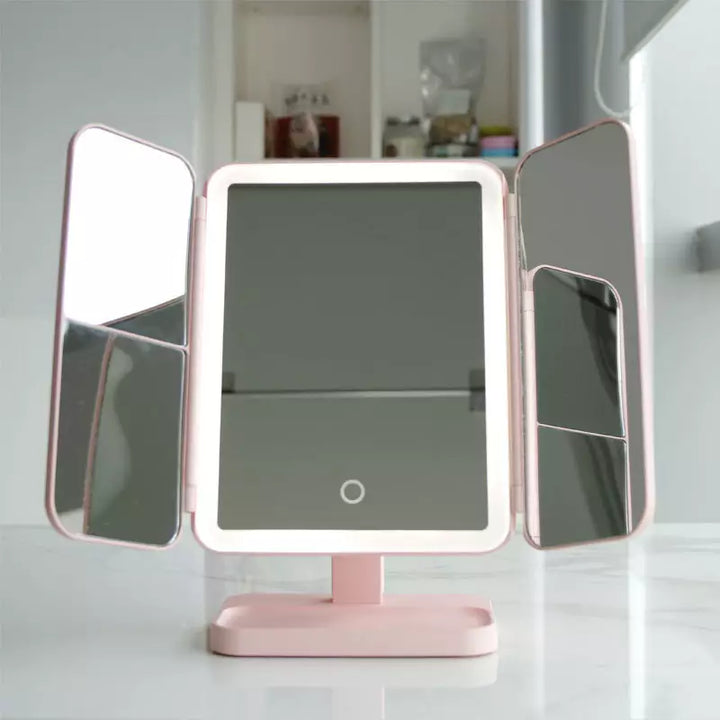 Triple Panel Makeup Mirror with LED Light and 2x 3x Magnification, Rechargeable