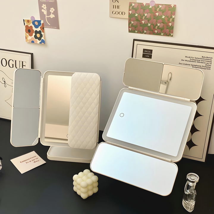 Triple Panel Makeup Mirror with LED Light and 2x 3x Magnification, Rechargeable