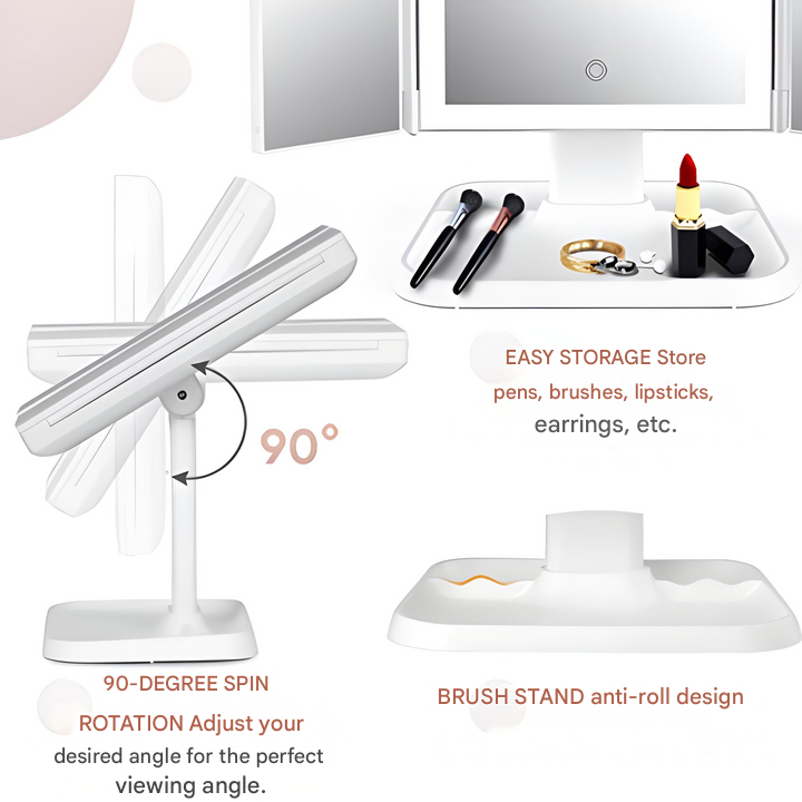 Triple Panel Makeup Mirror with LED Light and 2x 3x Magnification, Rechargeable