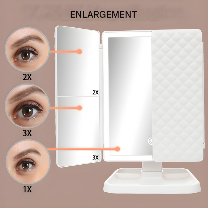 Triple Panel Makeup Mirror with LED Light and 2x 3x Magnification, Rechargeable