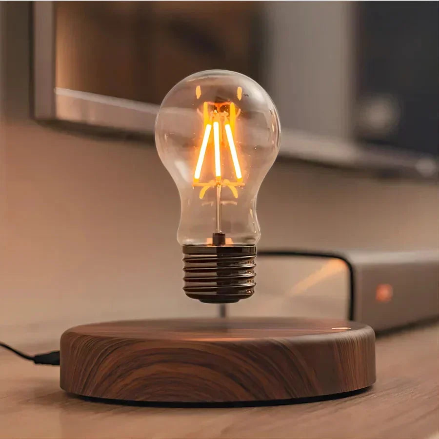 Floating Bulb Lamp with Walnut Wood Base and Magnetic Levitation, 50000 Hour LED