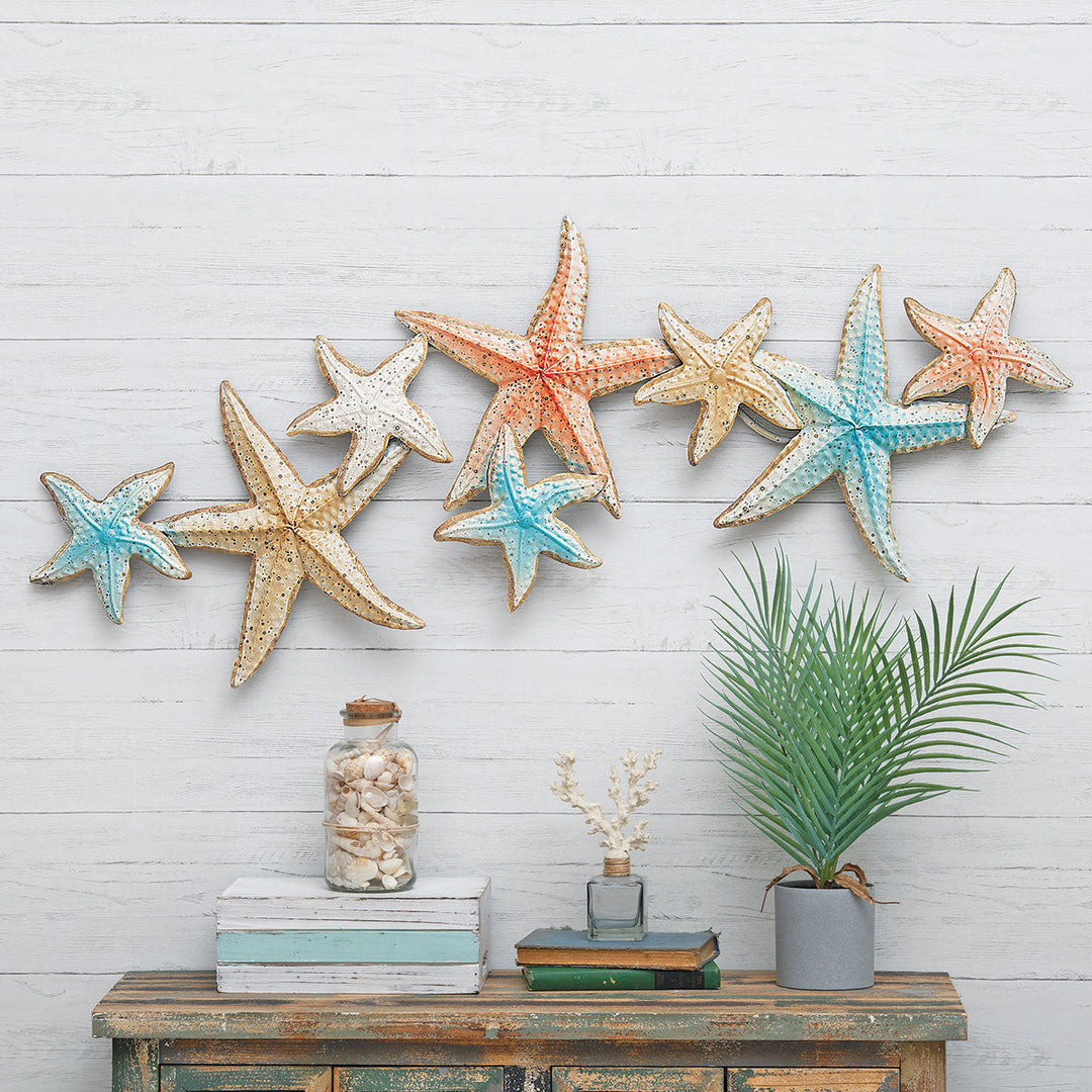 Metal Starfish Wall Decor with Grouped Design and Coastal Tones, 46.5in Wide