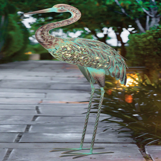 Solar Crane Garden Statue with Blinking LED Lights and Rechargeable Battery