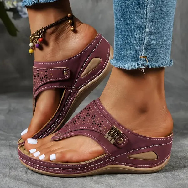 Womens Wedge Platform Sandals with Adjustable Ankle Buckle and Laser Cut Design