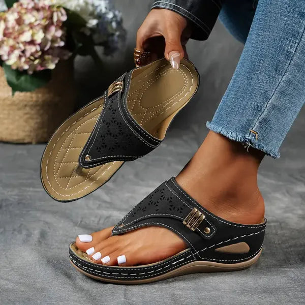 Womens Wedge Platform Sandals with Adjustable Ankle Buckle and Laser Cut Design