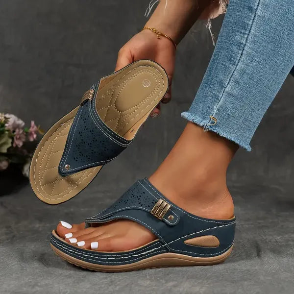 Womens Wedge Platform Sandals with Adjustable Ankle Buckle and Laser Cut Design
