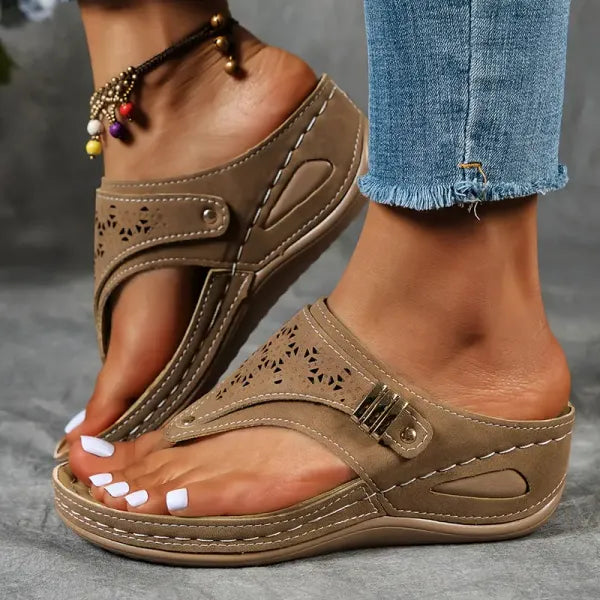 Womens Wedge Platform Sandals with Adjustable Ankle Buckle and Laser Cut Design