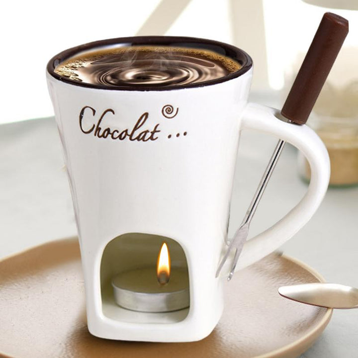 Ceramic Fondue Cup with Candle Base and Stainless Steel Fork