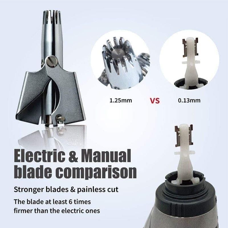 Manual Nose and Ear Hair Trimmer with Stainless Steel Blades and Ergonomic Grip
