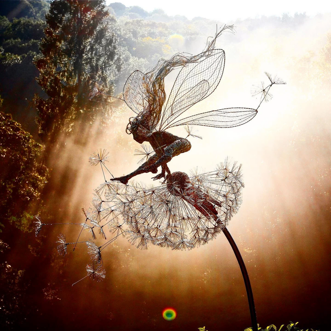 Metal Fairy Garden Stake with Dandelion Accents and Silhouette Design