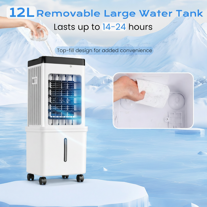 Evaporative Air Cooler with 12L Water Tank and Oscillation and Remote Control, 24-Hour Timer