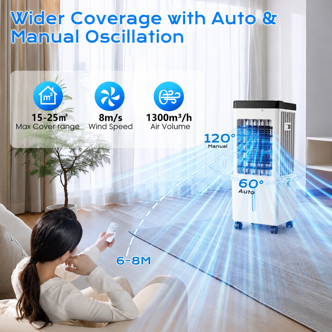Evaporative Air Cooler with 12L Water Tank and Oscillation and Remote Control, 24-Hour Timer