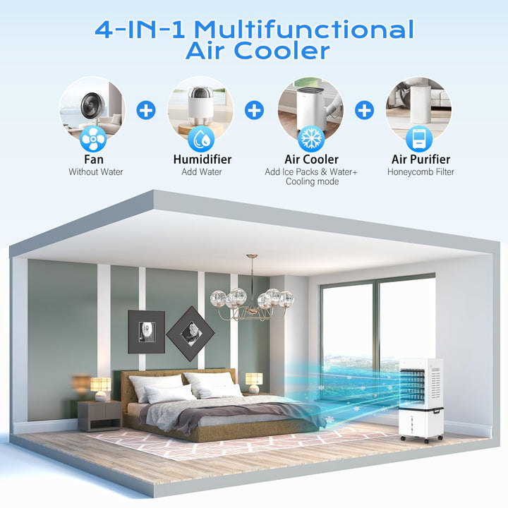 Evaporative Air Cooler with 12L Water Tank and Oscillation and Remote Control, 24-Hour Timer