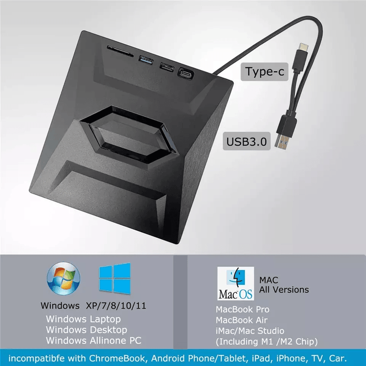 Portable USB CD DVD Drive with Burner and SD Card Hub for Windows and Mac Laptops