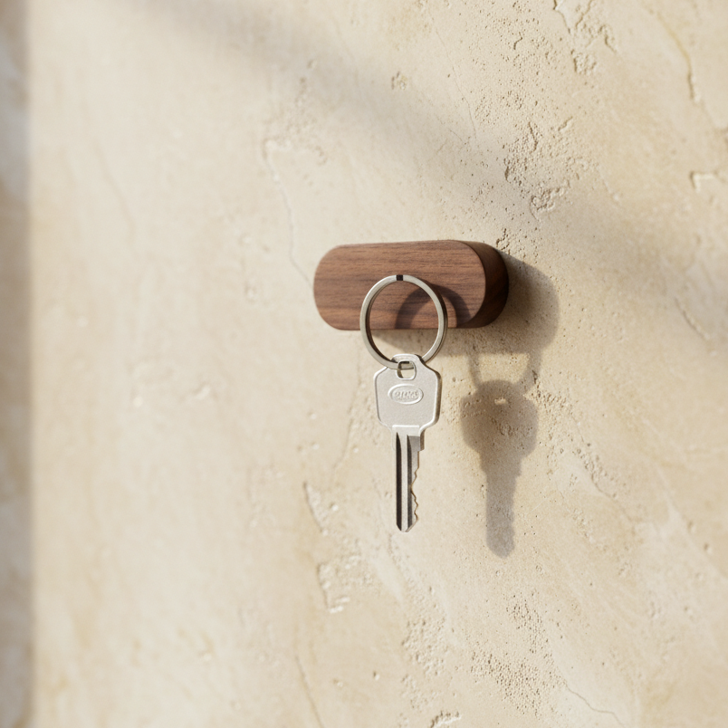 Magnetic Wooden Key Holder with Adhesive Mounting and Natural Wood Finish