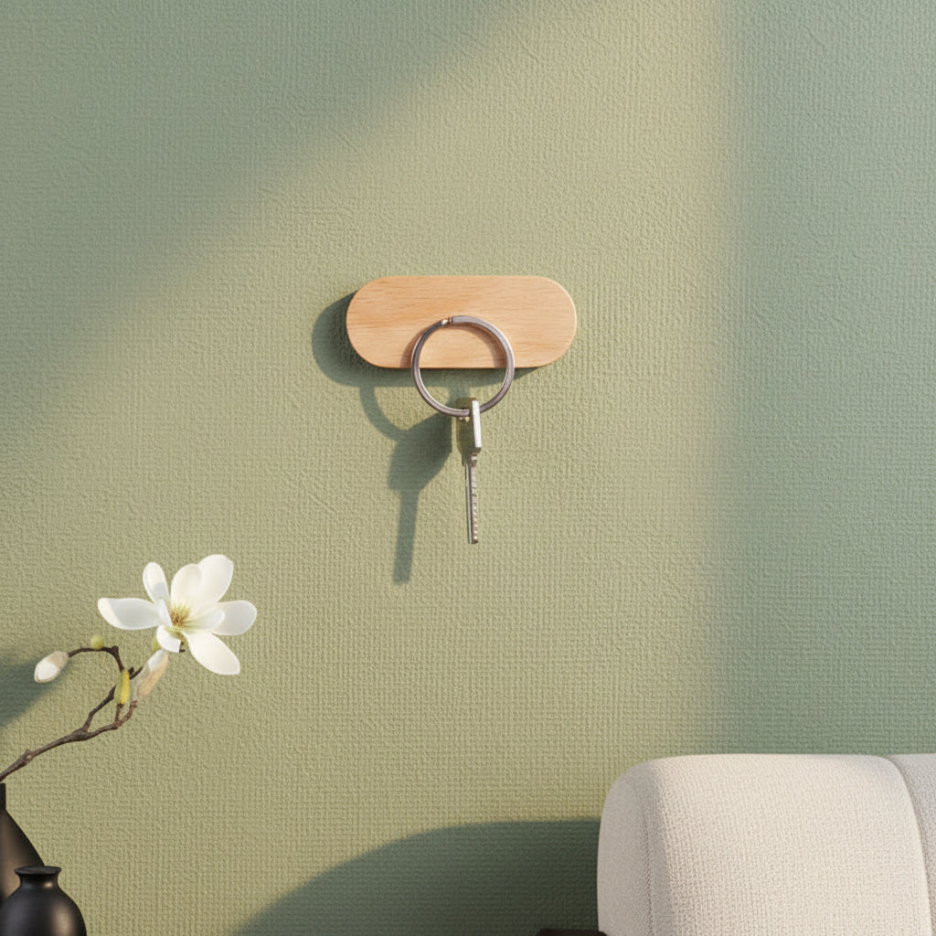 Magnetic Wooden Key Holder with Adhesive Mounting and Natural Wood Finish
