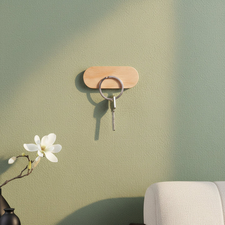 Magnetic Wooden Key Holder with Adhesive Mounting and Natural Wood Finish