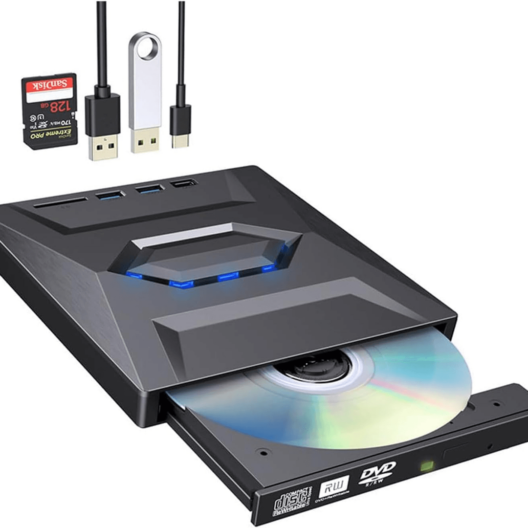 Portable USB CD DVD Drive with Burner and SD Card Hub for Windows and Mac Laptops