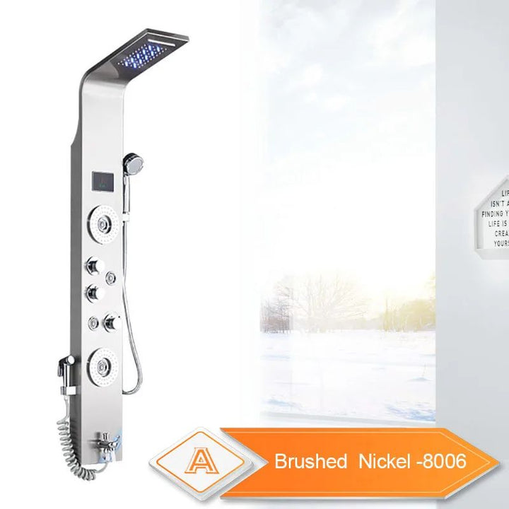 6-Mode Rainfall Shower Column Panel with LCD Display, Massage Jets and Rose Gold Finish