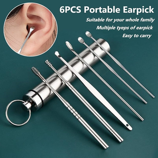 6 in 1 Stainless Steel Ear Cleaning Pick Set with Reusable Tools and Keychain Storage Case