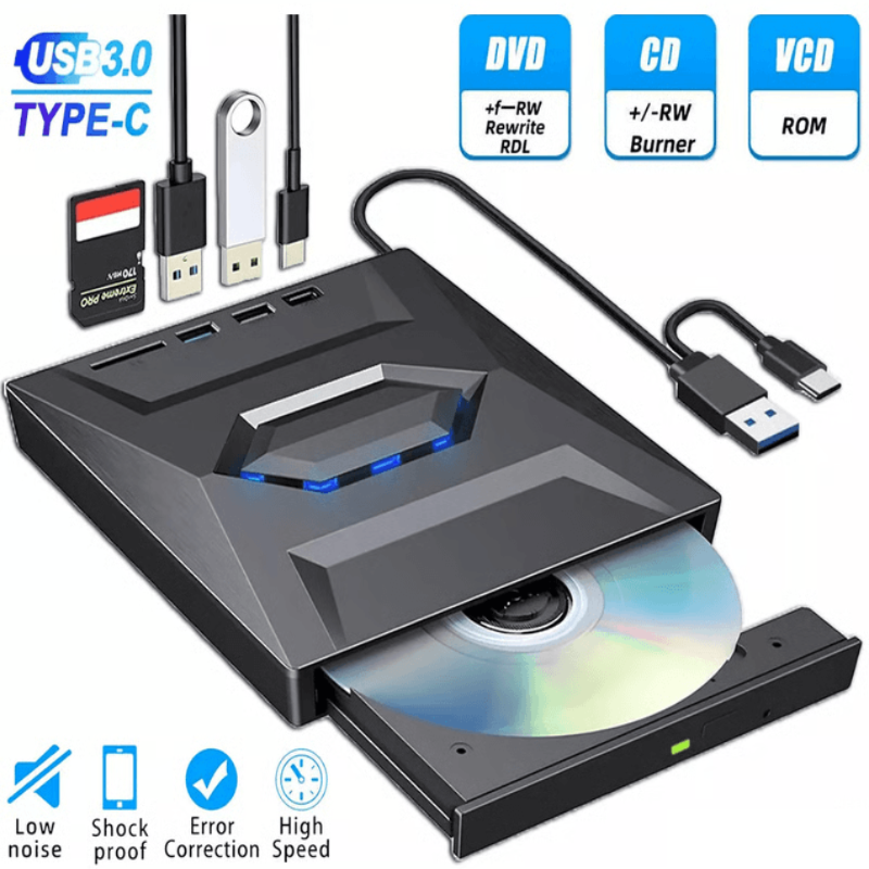 Portable USB CD DVD Drive with Burner and SD Card Hub for Windows and Mac Laptops