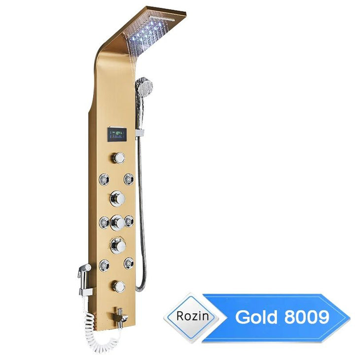 6-Mode Rainfall Shower Column Panel with LCD Display, Massage Jets and Rose Gold Finish
