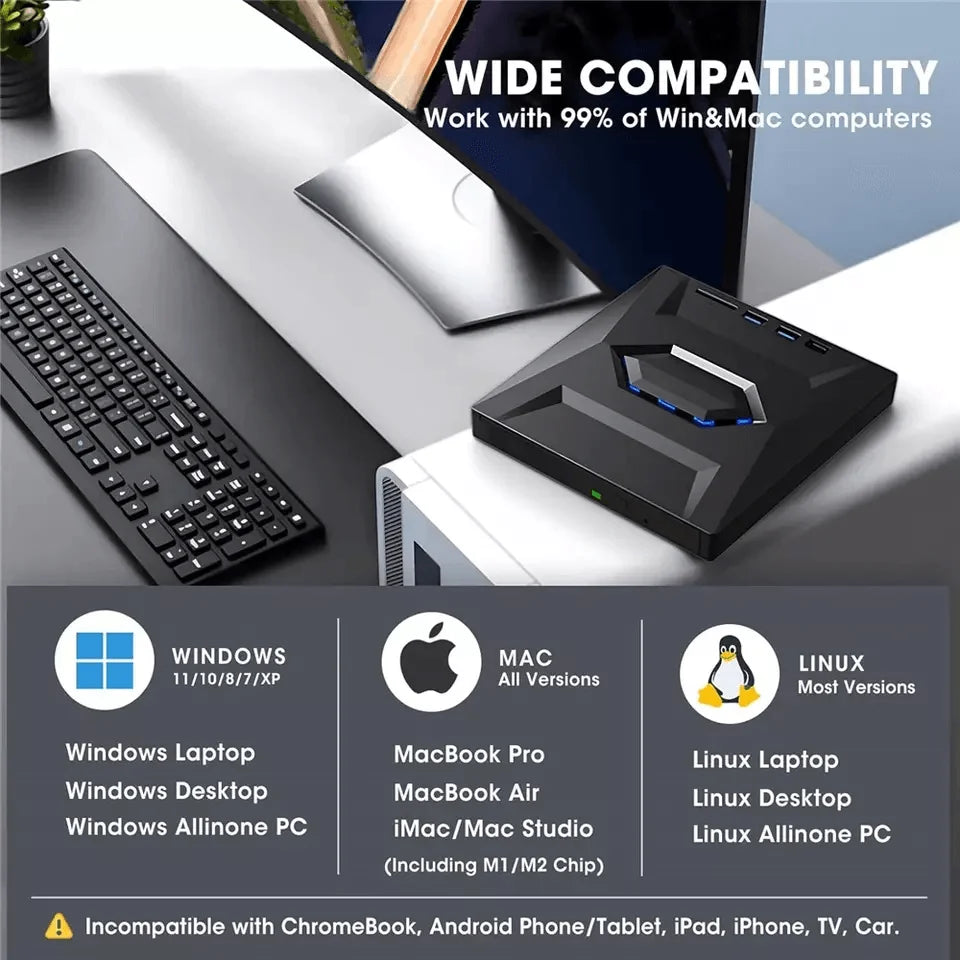 Portable USB CD DVD Drive with Burner and SD Card Hub for Windows and Mac Laptops