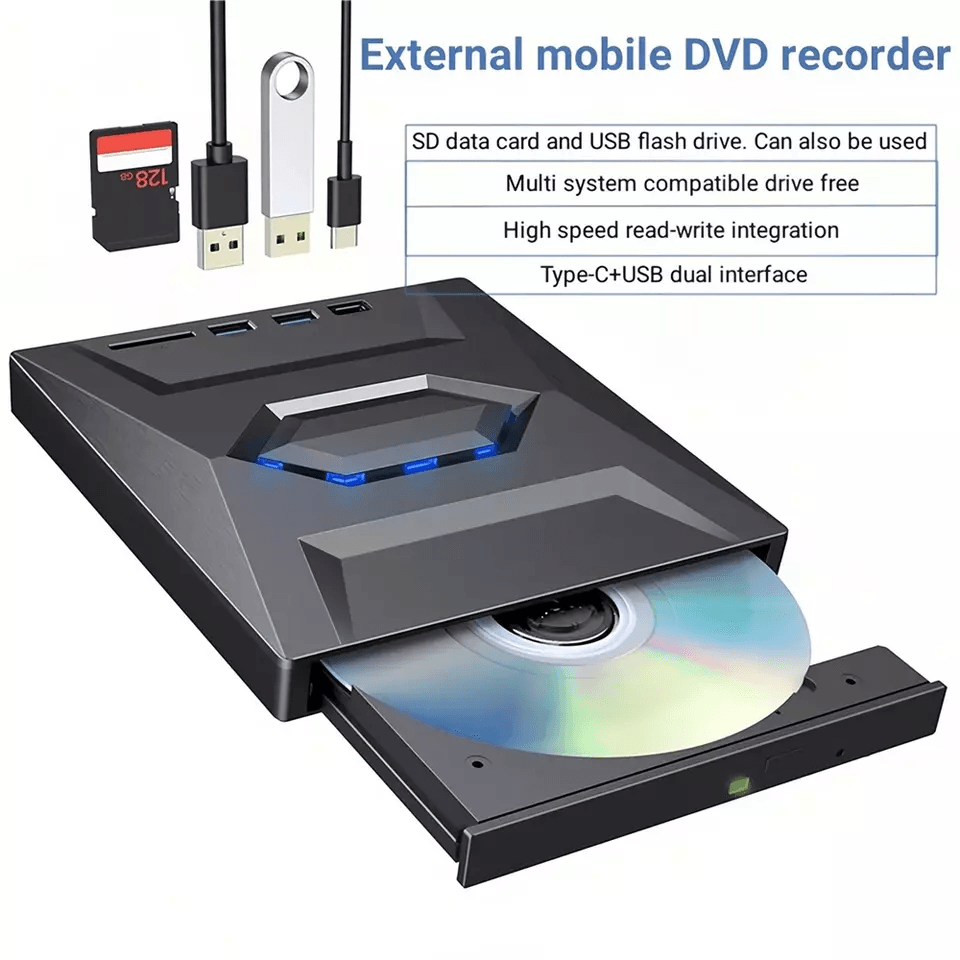 Portable USB CD DVD Drive with Burner and SD Card Hub for Windows and Mac Laptops
