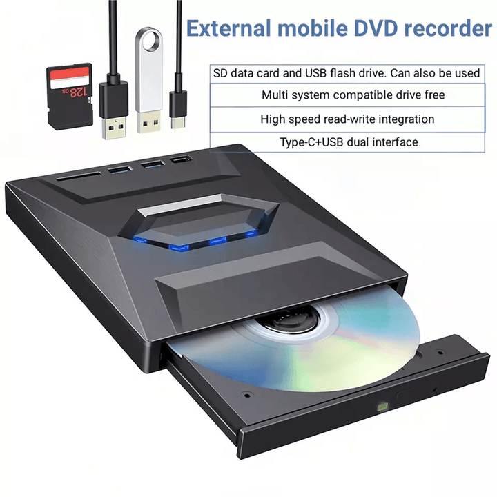 Portable USB CD DVD Drive with Burner and SD Card Hub for Windows and Mac Laptops