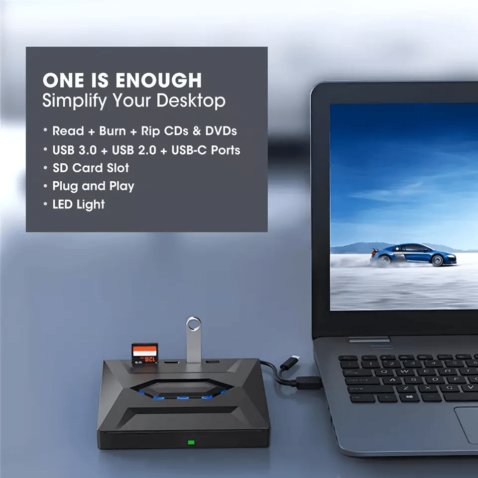 Portable USB CD DVD Drive with Burner and SD Card Hub for Windows and Mac Laptops