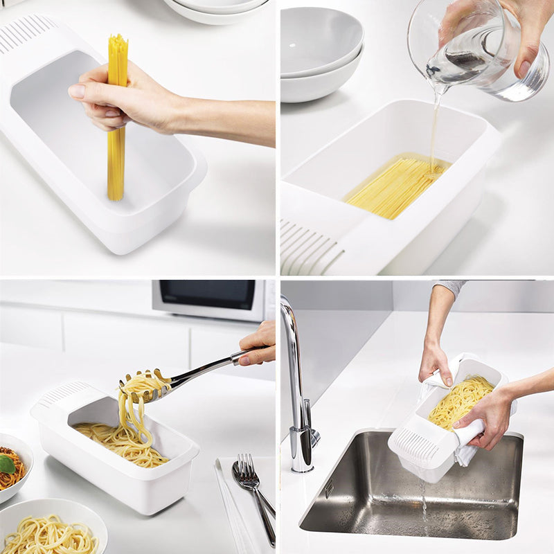 Microwave Pasta Cooker with Built In Strainer for Spaghetti and Vegetable Steaming, Dishwasher Safe