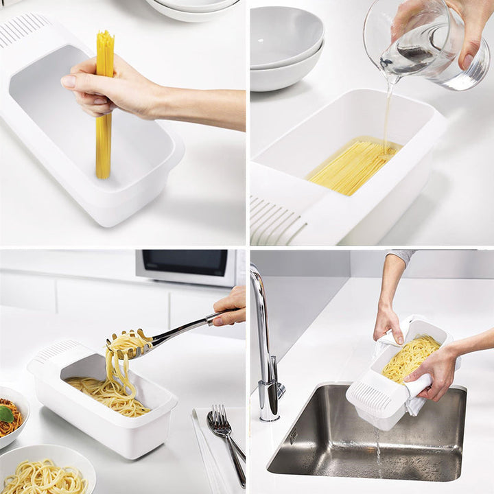 Microwave Pasta Cooker with Built In Strainer for Spaghetti and Vegetable Steaming, Dishwasher Safe