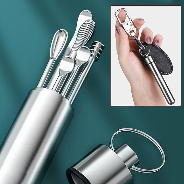 6 in 1 Stainless Steel Ear Cleaning Pick Set with Reusable Tools and Keychain Storage Case