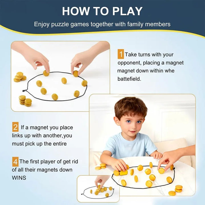 Magnetic Strategy Board Game with Two Player Pieces and Folding Design