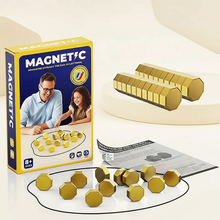 Magnetic Strategy Board Game with Two Player Pieces and Folding Design