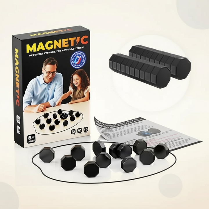 Magnetic Strategy Board Game with Two Player Pieces and Folding Design