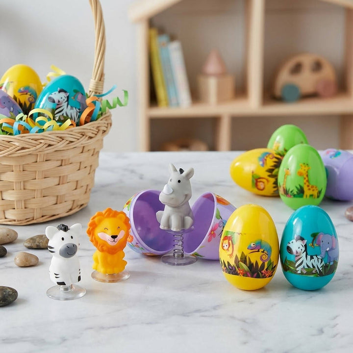Zoo Animal Pop Up Toy Filled Easter Eggs 12 Pc, Kids Easter Egg Hunt Surprise Toys Party Favors