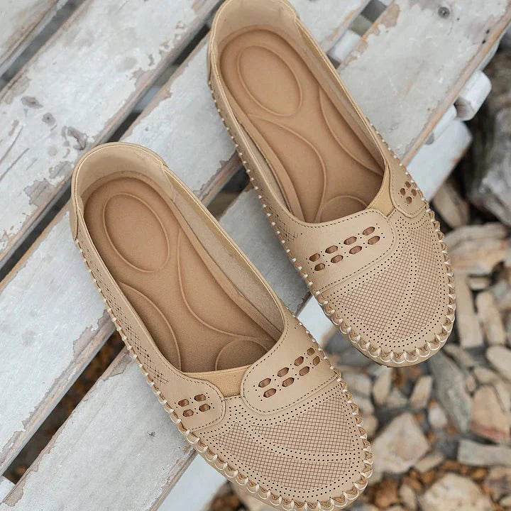 Womens Perforated Slip On Loafers with Flat Sole Support and Breathable Design