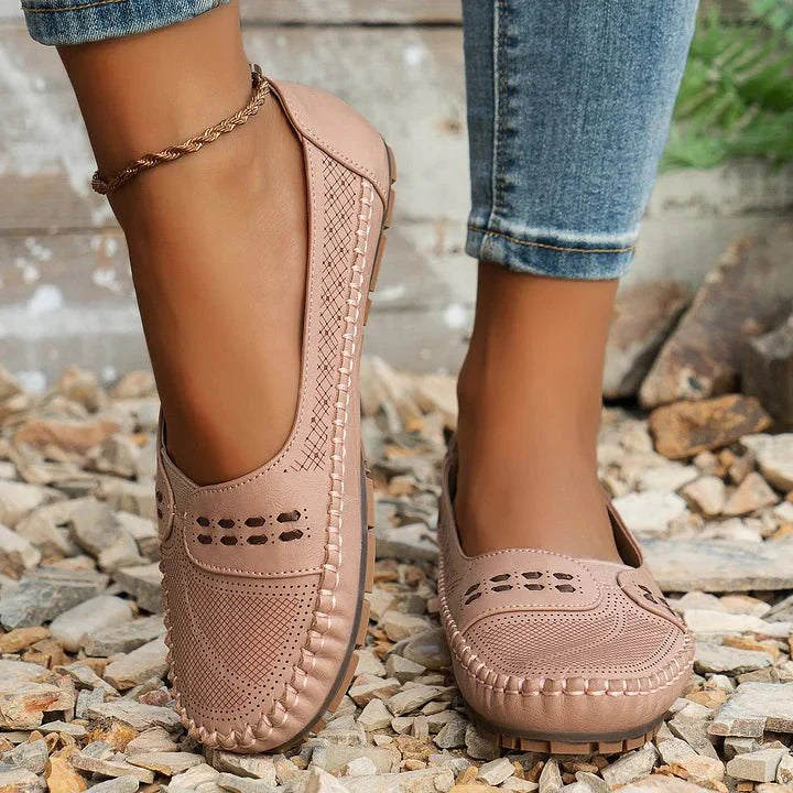 Womens Perforated Slip On Loafers with Flat Sole Support and Breathable Design