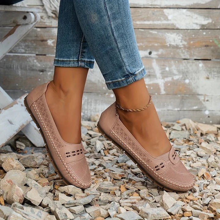 Womens Perforated Slip On Loafers with Flat Sole Support and Breathable Design